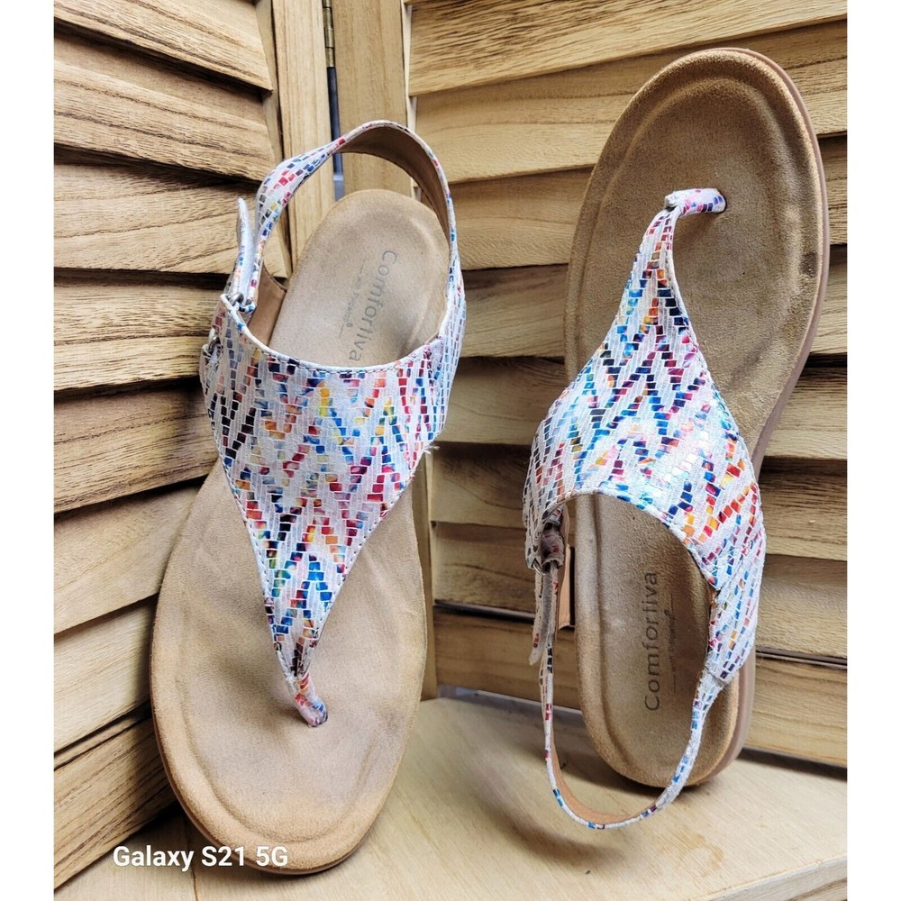 Comfortiva Calina White Multi Thong Wedge Sandal Women's Sleek Adj Strap 10W - Picture 3 of 10